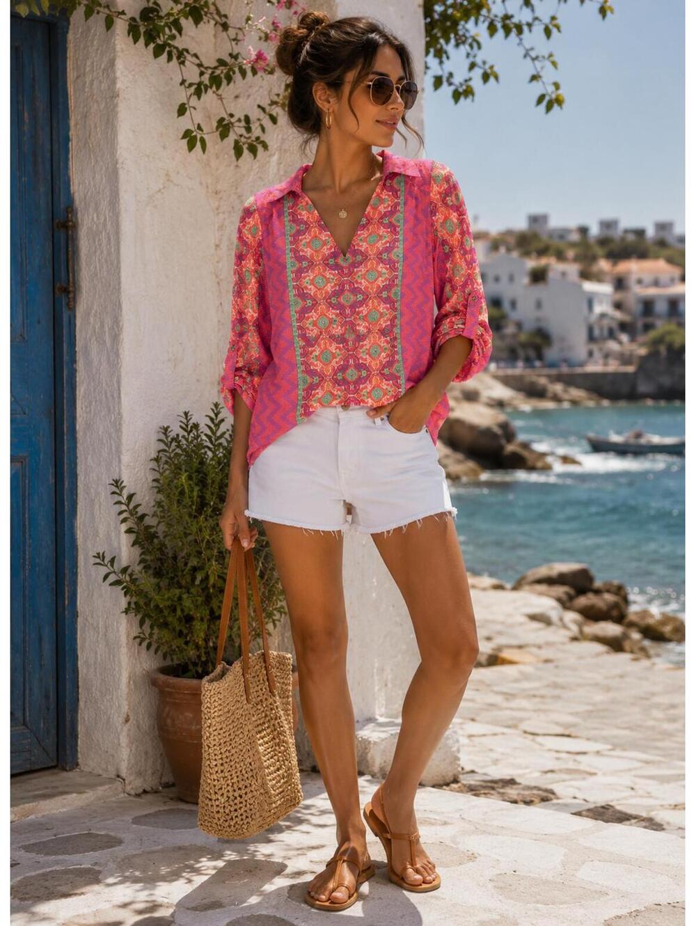 Gianni Bini Boho Pink Geometric Blouse XS Roll Tab Sleeve